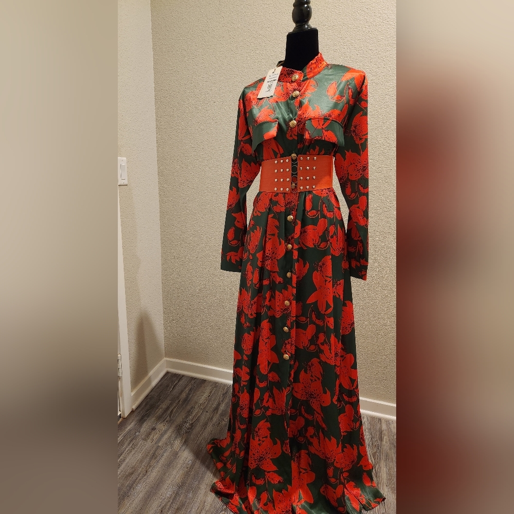NWT Orange and Green Long Floral Dress with a Belt  size 12 and 16